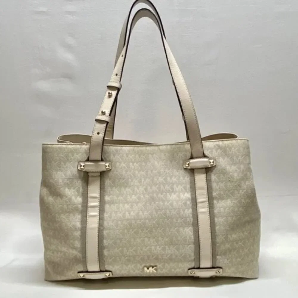 Michael Kors Griffin Large Logo‎ Tote Natural Jacqard Canvas Leather Trim GUC